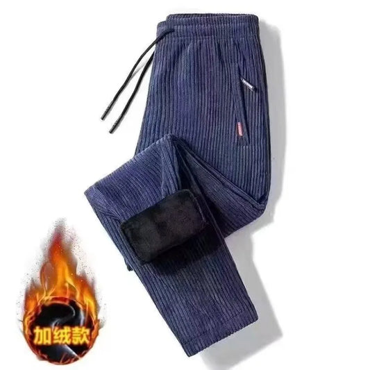 Man Sweatpants Autumn Winter Fleece Corduroy Thermal Trousers Vintage Straight Leg Pants Pocket with Zipper Thicken Sweatpants