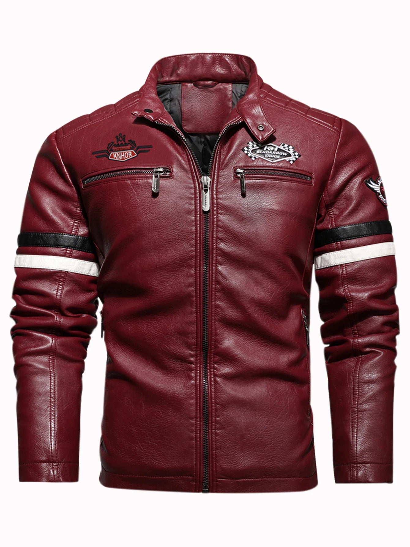 Men's PU Leather Motorcycle Racing Jacket Thin Embroidered Biker Color Zipper Closure Casual Outerwear