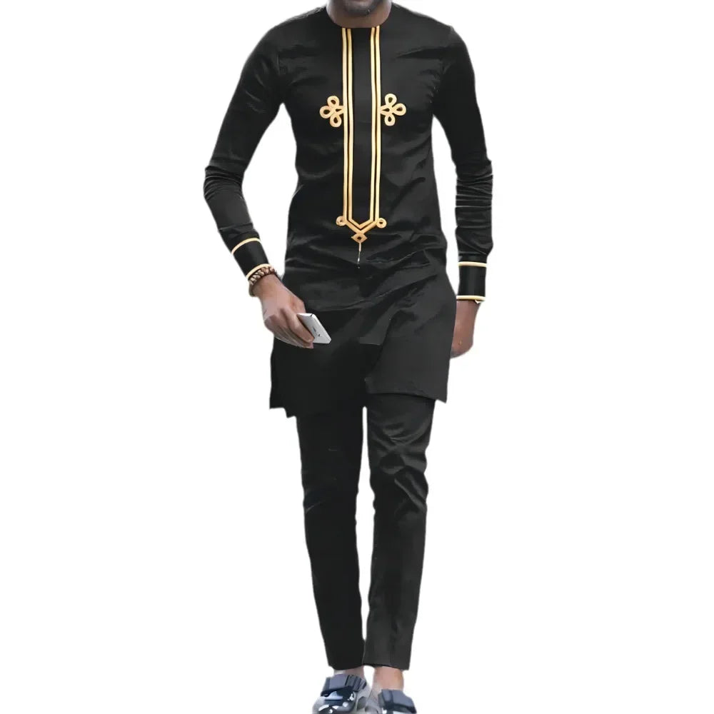 LIBIELIY Four Seasons Black New Fashion Men's 2 Pieces Sets Afirican Syle Ethinic Casual Clothes And Pants Luxury Muslim Men Clo