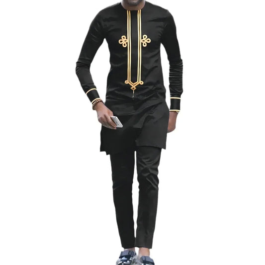 LIBIELIY Four Seasons Black New Fashion Men's 2 Pieces Sets Afirican Syle Ethinic Casual Clothes And Pants Luxury Muslim Men Clo