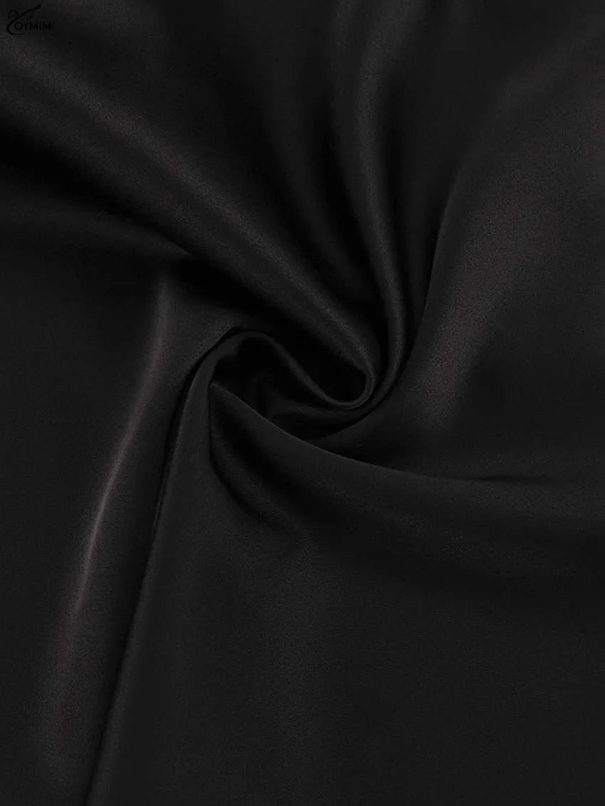 Oymimi Elegant Black Satin Womens Dresses Fashion Strapless Loose Solid Dresses Casual Simple Floor-Length Dress Female Clothing
