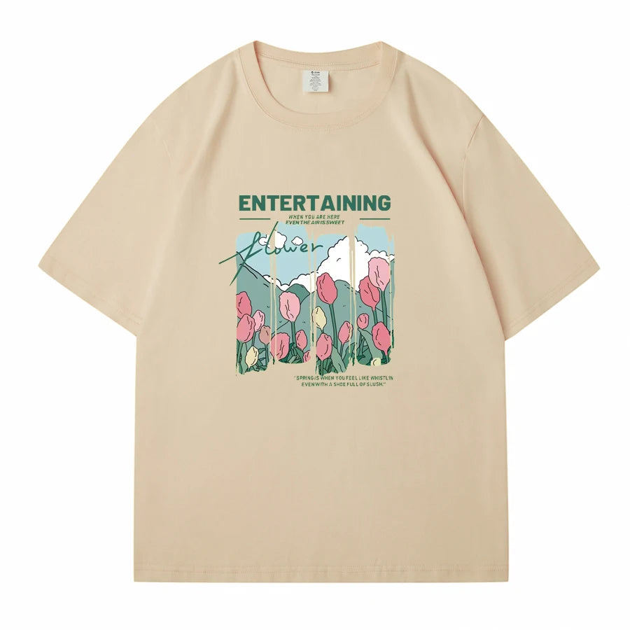 WAVLATII Women New Comics Flowers Printed T shirts Female Beige Streetwear Summer Tees Lady Casual Short Sleeve Tops WT2329