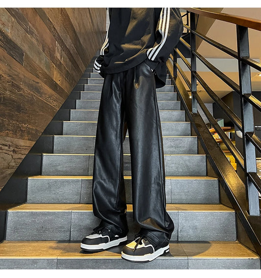 2024 Men's PU Leather pants Fashion baggy Motorcycle Pants Men Wide-leg Mopping Trousers All-match Windproof Plus Size 8XL-M