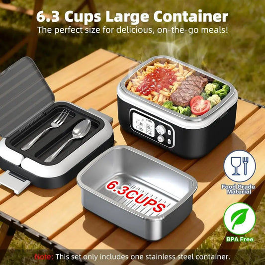 Portable Electric Lunch Box, 6.3 Cups, 100W, 24000mAh Battery, Self-Heating, Includes Cutlery, Insulated Bag & Divider for Adult