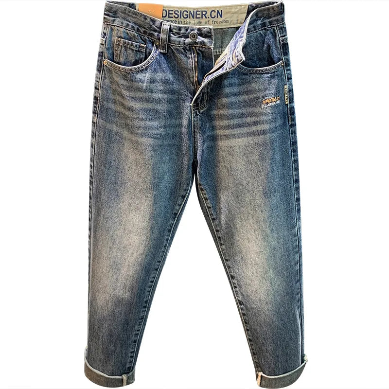 Men's High-End Jeans 2024 Autumn and Winter Trends Loose Straight Trend Embroidered Casual Denim Pants