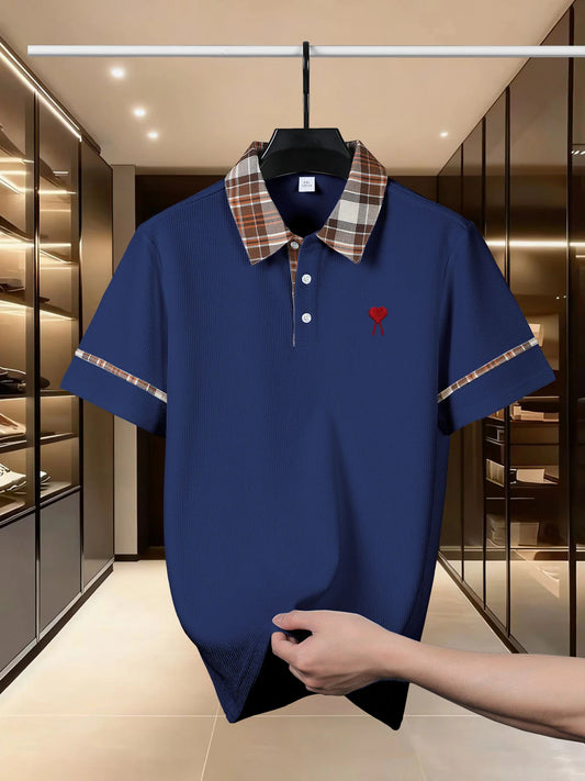 High end brand polo shirt top heart embroidery 2026 summer men's short sleeved casual and comfortable cool striped lapel T-shirt