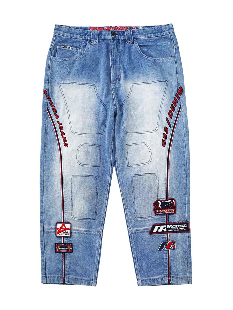 ACUSA Jeans Stacked Embroidered Washed Denim Jeans 633 Version Letter Stitching 3D Patchwork Men's Loose Straight Leg Jeans
