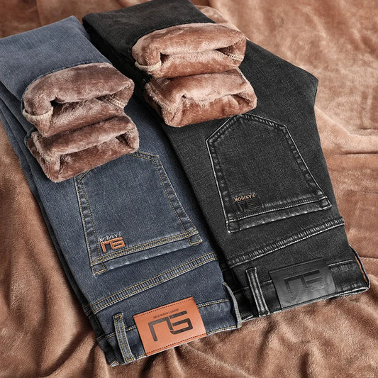 Winter Thickened Fleece Jeans Men's High Quality Slim Straight Elastic Casual Denim Pants Warm Plush Velvet Fashion Trousers