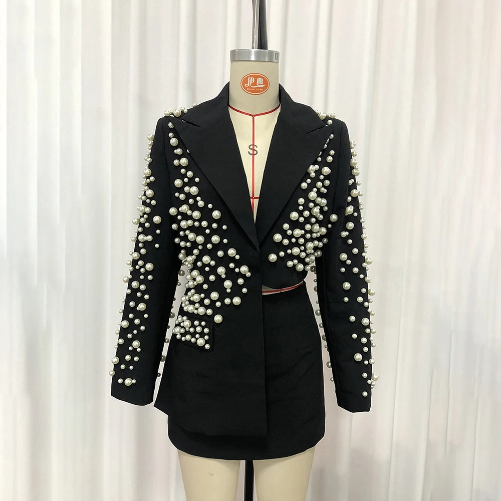 TWOTWINSTYLE Spliced Pearls Two Piece Set for Women Lapel Long Sleeve Irregular Top High Waist Mini Skirt Office Suit Female New