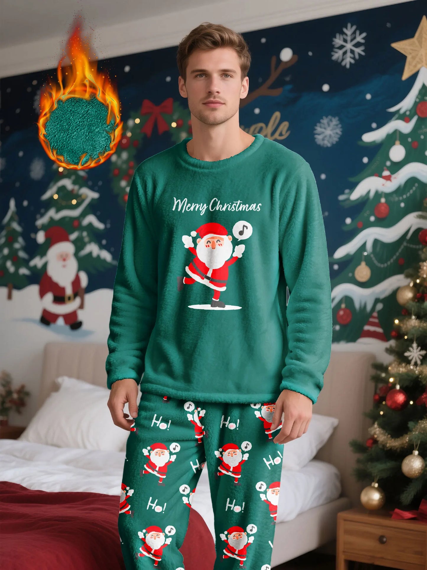 Men's Christmas-themed fleece pajama set, featuring a long-sleeve top and matching pants, comfortable and casual loungewear