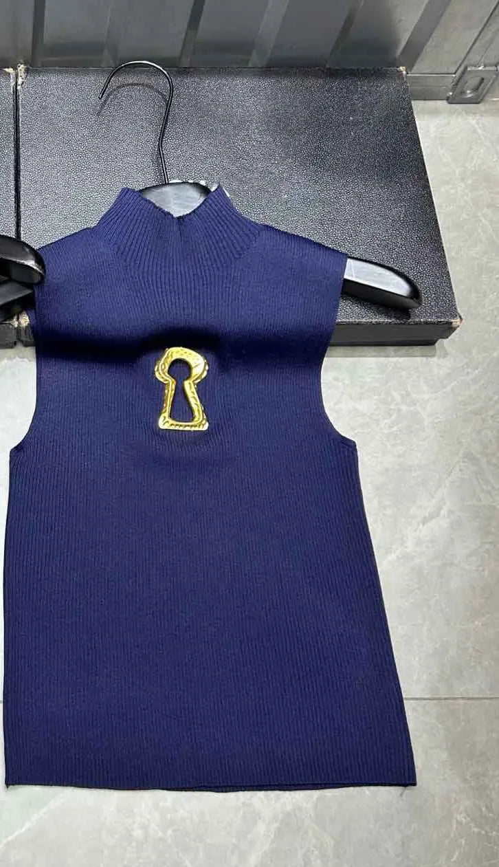 Spring Summer Solid Spliced Metal Buckle Slimming Knit Tshirt For Women Turtleneck Sleeveless Minimalist T Shirt Female Fashion