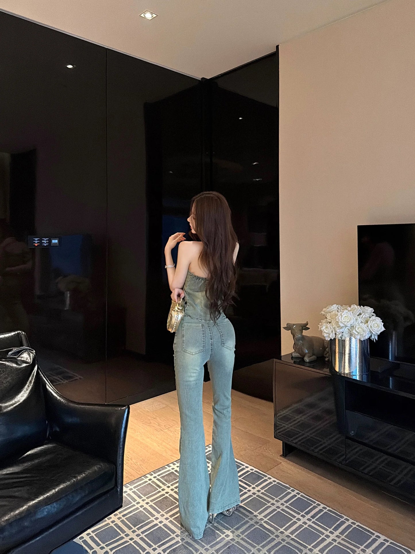 Sexy Slimming Bell Bottoms Two Piece Set with Strapless Denim Vest And Knot Top for Young Women Spring Fashion