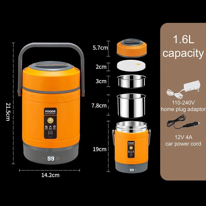 12V Car Electric Lunch Box Portable Outdoors 304 Stainless Steel Keep Warm Pot Double-layer Lunch Box 220V Food Heater 1.6L/2L