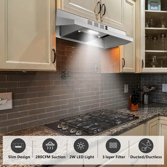 30 Inch Under Cabinet Range Hood, 280CFM Stainless Steel Kitchen Vent, Ducted/Ductless Convertible, 2 Speeds, LED Light