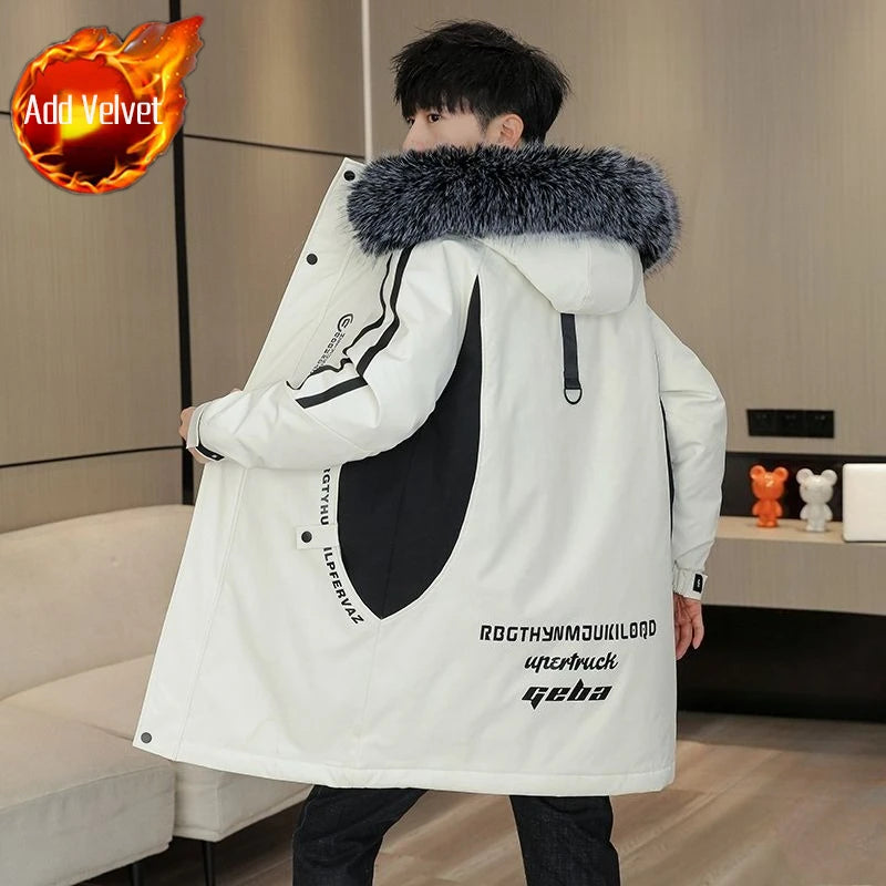 Men's Premium Hooded Long Coat Autumn Winter New Heavyweight Fleece Lined Warm Jacket Thickened Thermal Layering Design