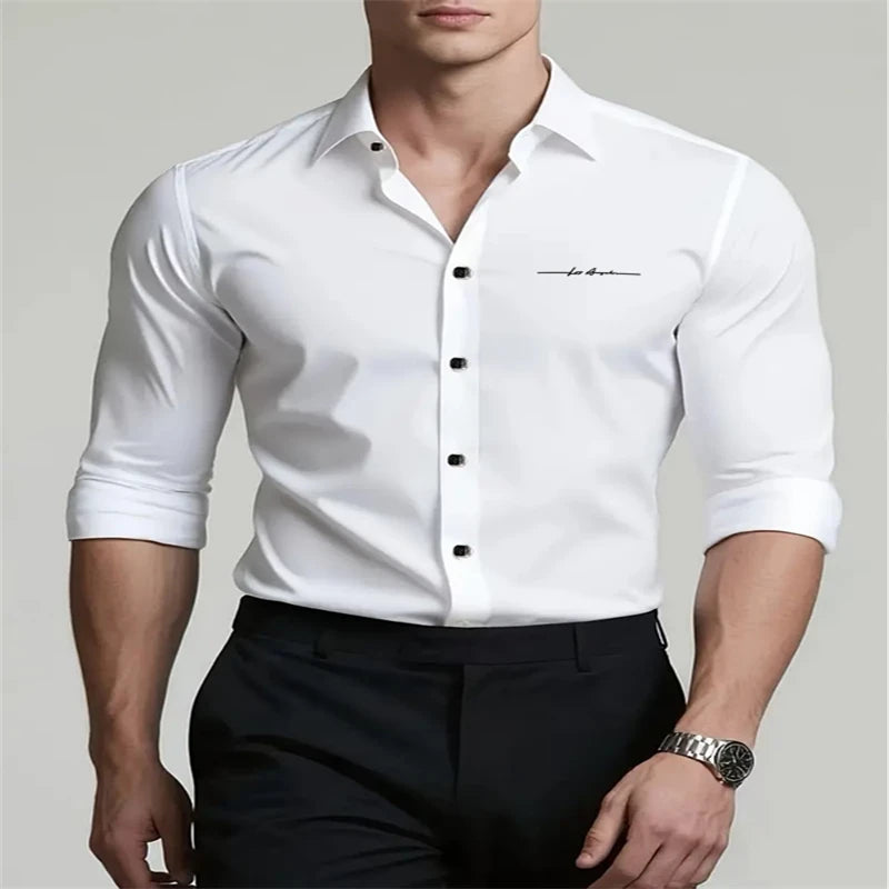 Solid color men's business casual long-sleeved shirts, slim fit, iron-free formal wear, printed personalized shirts,