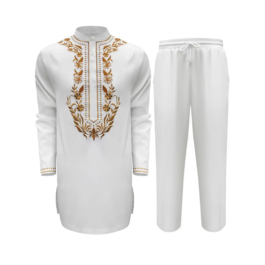 2026 New White Embroidered Men's 2-piece Suit Men's Outfit 2026 Muslim Long Dress Robe Abaya Ramadan Dubai Luxury Islam Elegant