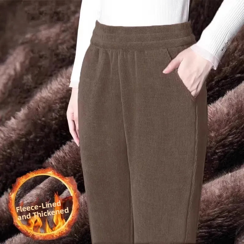 Women's Autumn Winter Thickened Corduroy Straight Leg Pants High Waist Elastic Closure Warm Casual Trousers Fashionable