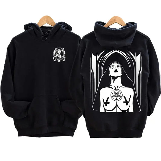The Bad Nun Satan Street Hip-Hop Nun Print Fleece Sweater Harajuku Autumn and Winter Casual Long-sleeved Antisocial Men Hoodie