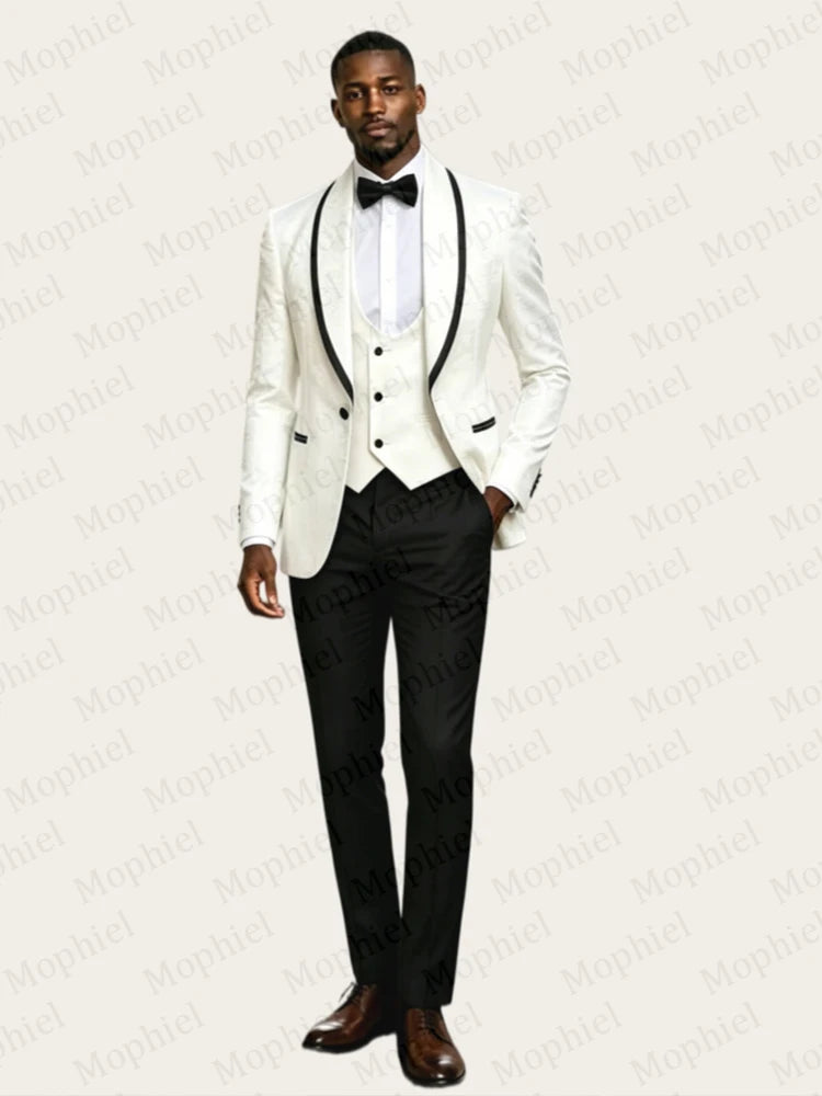 Jacquard Men's Suits Shawl Lapel Single Breasted 3Pcs Africa White Wedding Suit for Man Tuxedo Prom Slim Fit Blazer Customized