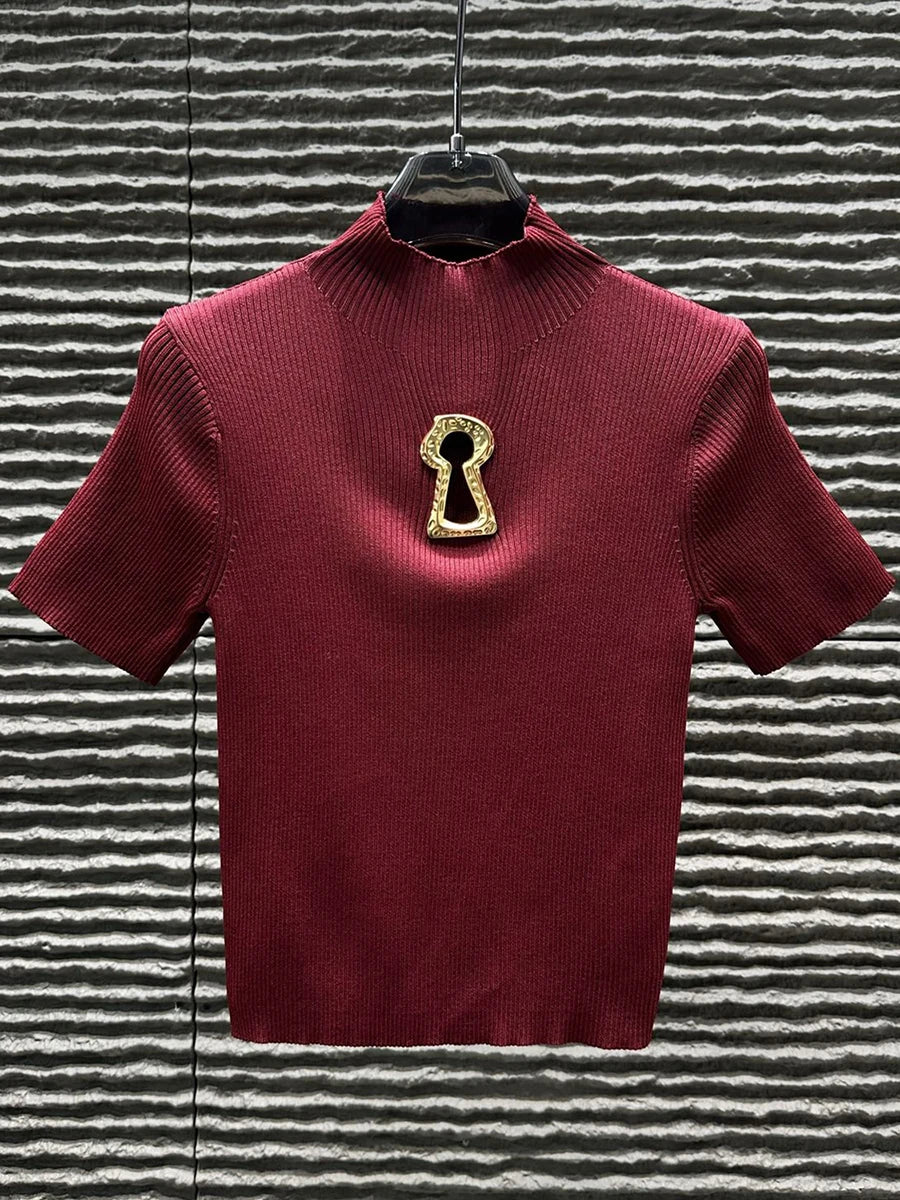 TWOTWINSTYLE Hollow Out Spliced Metal Buckle T Shirts For Women Turtleneck Short Sleeve Minimalist Slimming T Shirt Female 2025