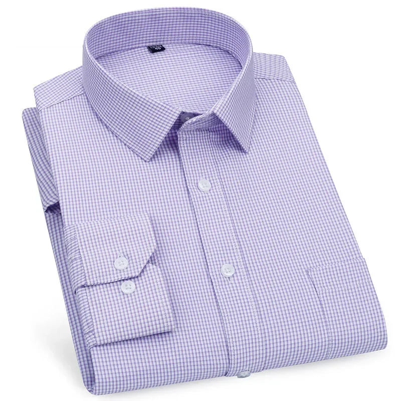 Men's Business Casual Shirts Purple Blue Cotton Regular Fit Long Sleeve Classic Plaid Striped Checked Social Work Dress Shirts