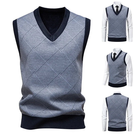 Men's V-neck Knitted Sweater Warm Autumn Winter Diamond Grid Twisted Flower Casual Fashion Versatile Knit Top