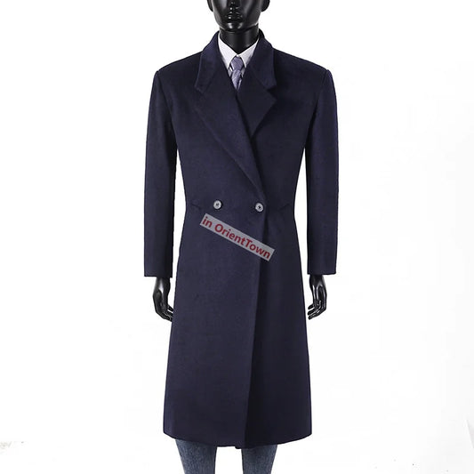 Extra Long British Trench Slim Fit Woolen Coat for 170 kg Men Elongated Handsome Over Knee Windbreaker Black Casual Thick Coat