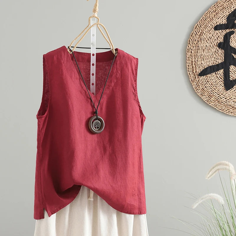 Slimming Pure Color Cotton Linen Lightweight Sleeveless round Neck Inner Wear Large Size Women's Fashionable Versatile Top