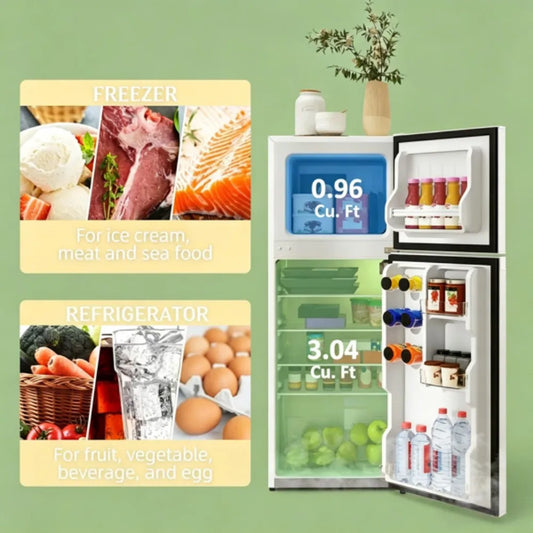 Compact 4 Cu.Ft Top-Freezer Refrigerator, Adjustable Thermostat, Reversible Door, Quiet Mini Fridge for Home, Dorm, Office, White