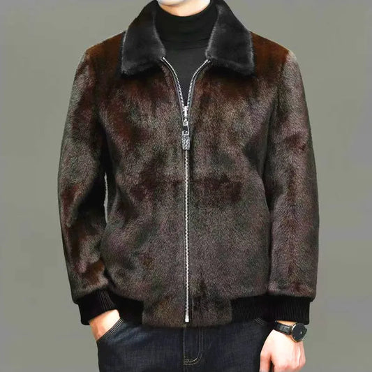 Men's Winter Thick Leather Jacket Mink Fur Coat Zipper Closure Full Skin Design Long Sleeve Regular Fit Outerwear