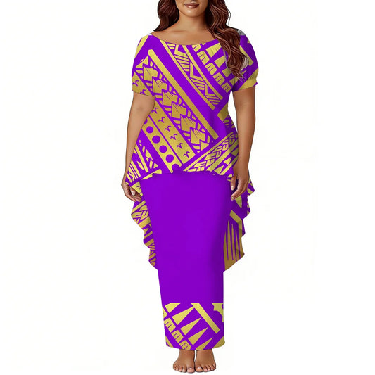 Polynesian Island-Style Women'S Short-Sleeved Puletasi Floral Print Dress Samoan Party Style Evening Dress