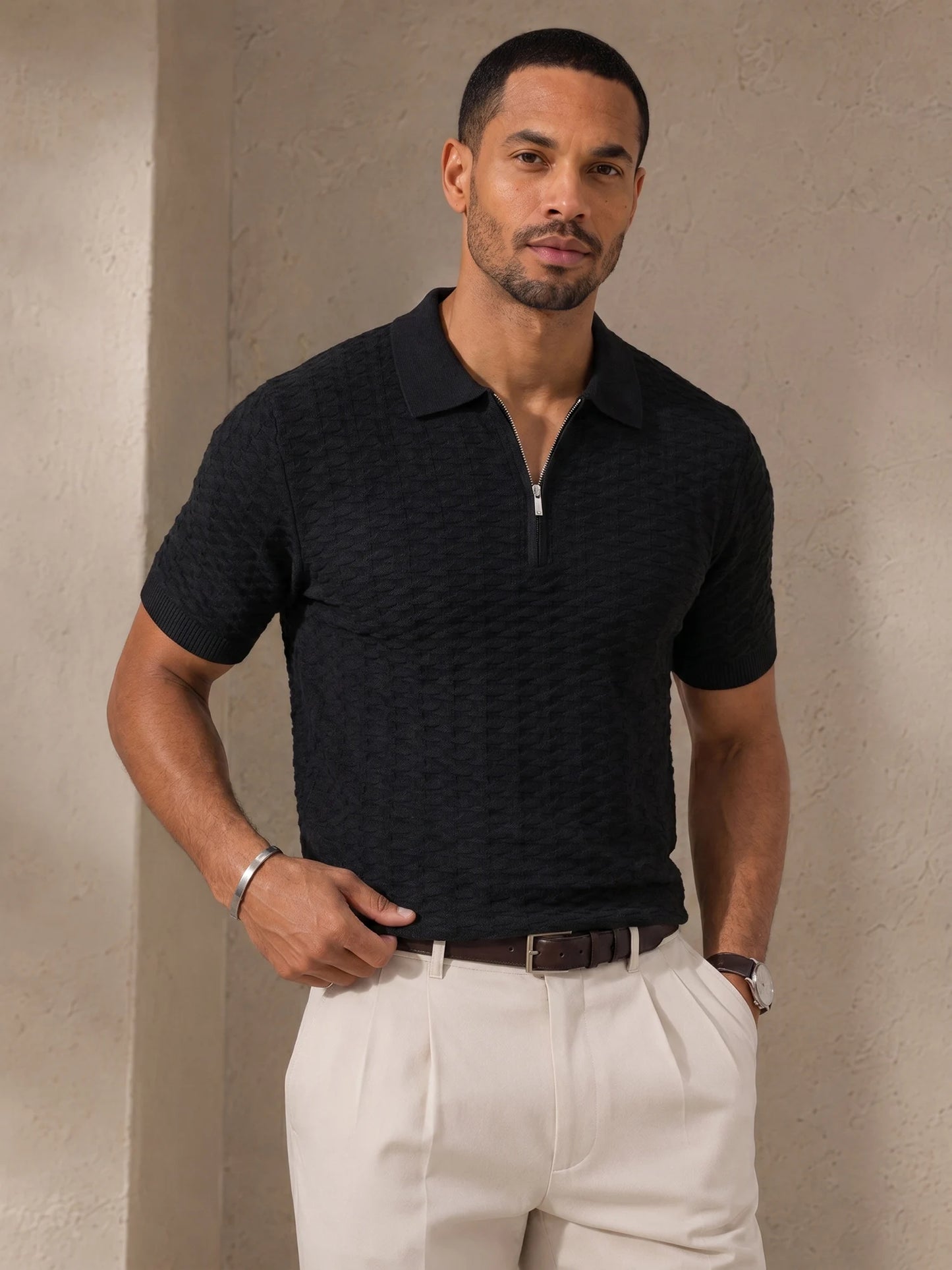 Men's Textured Knit Polo Shirt Short Sleeve Half Zip Neck Casual Business Knitted Pullover Tops