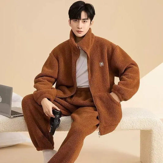 Winter Men's Pajamas Coral Fleece Comfortable Casual Indoor Home Wear Thickened Zipper Thermal Cardigan Pajamas 2 Piece Sets