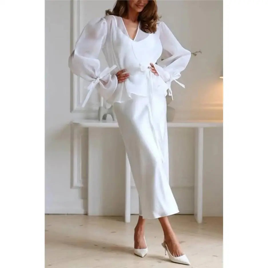 Elegant Shirt Style Satin Dress Women's High Waist Belted Long Sleeve Fashion Set High Quality Chinese Brand Summer Outfit