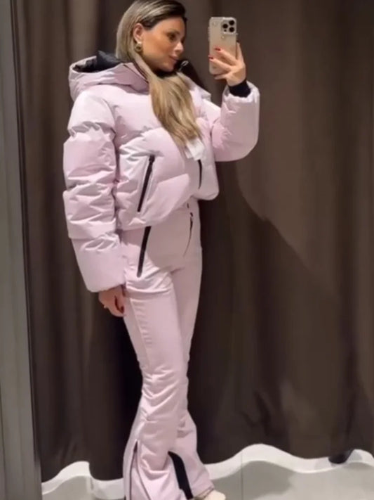 HH Women Fashion Pocket Long Sleeve Zipper Hooded Skiing Cotton-padded Drawstring Jacket+High Waist Casual Winter 2026 Pant Set