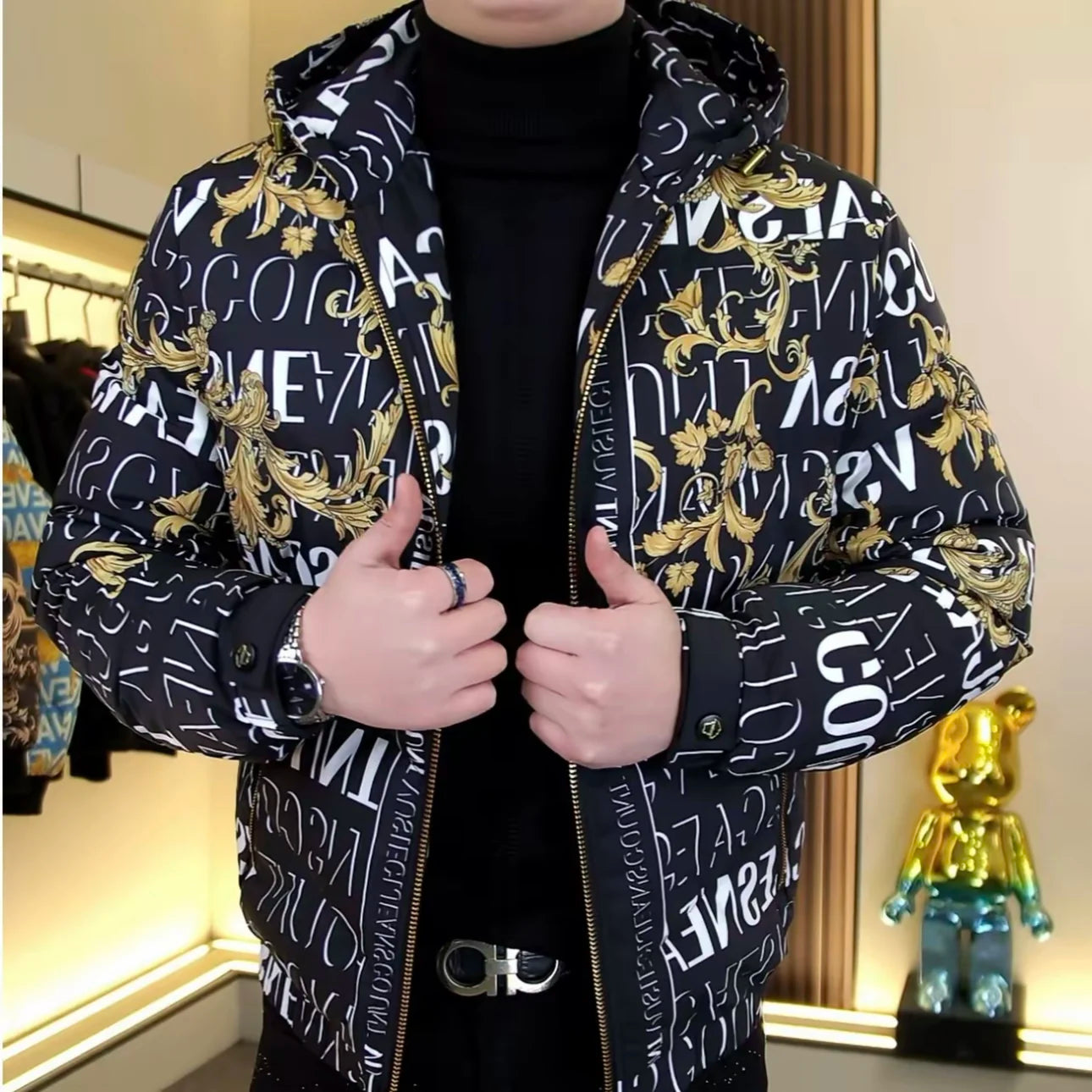 Eur Style Winter New Men's Woven Print Hooded Zipper down Jacket Fashion Slim Fit Men's Personality Top Youth Style
