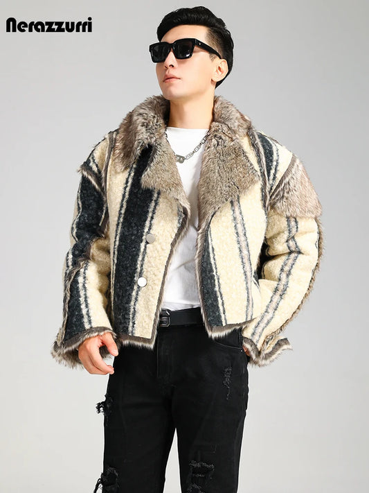 Nerazzurri Winter Short Oversized Thickened Warm Colorful Fluffy Faux Sheepskin Fur Jacket Men Luxury Designer Clothes 2023
