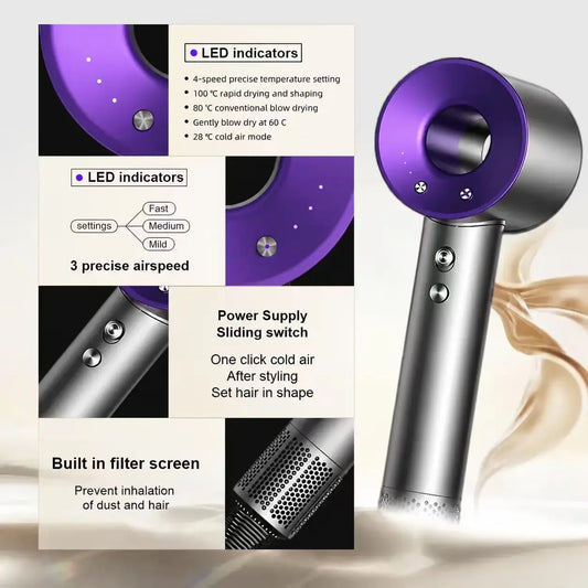 Professional High Speed Bladeless Hair Dryer Powerful Fast Drying Negative Ion Blow Dryer Quiet Portable Hairdryer for Travel Ho
