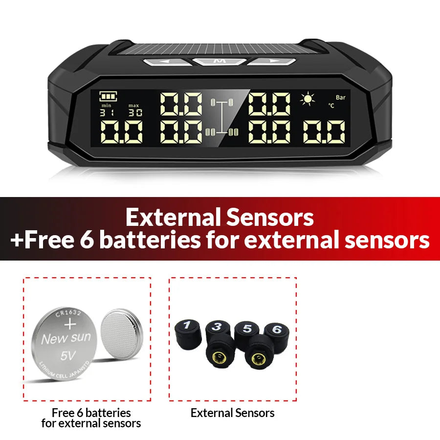 E-ACE Solar TPMS Car Tire Pressure Monitoring System Digital Clock Wireless Alarm Sensor 0-116psi Auto Safety for Cars Trucks