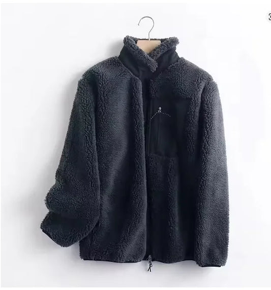 Unisex American Style Bata Fleece Jacket Stand Collar Lamb Velvet Polyester Fiber Outdoor Sport Hiking Thickened Autumn Winte...