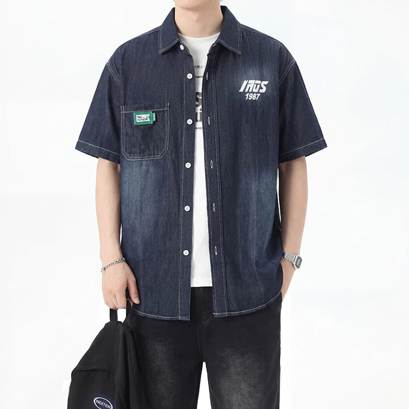 Men's Thin Denim Shirt New Summer Fashion Breathable 100% Cotton Lightweight Loose Short Sleeve Top Streetwear Daily Commute