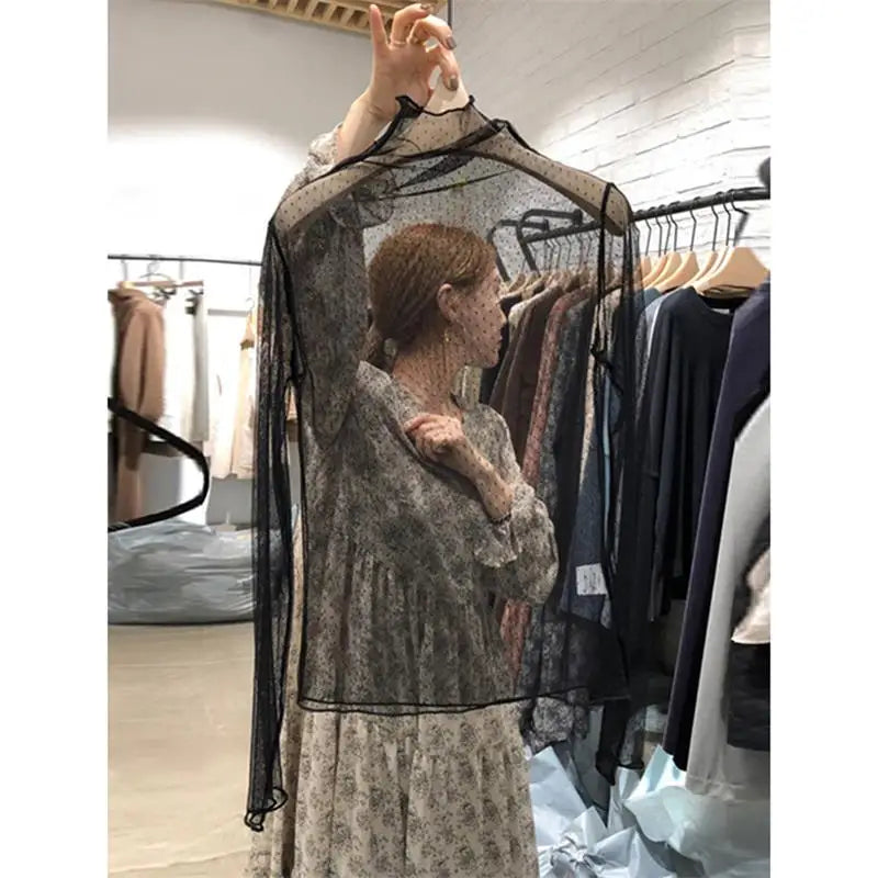 Women's Lace Base Shirt Thin Long Sleeve Half High Collar Inner Wear Spring Autumn New Style Mesh Top Wood Grain Design