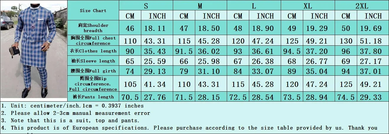 LIBIELIY Four Seasons Hot Selling Men's 2 Piece Sets Afirican Syle Ethinic Casual Blue Plaid Clothes And Pants Button Muslim Men