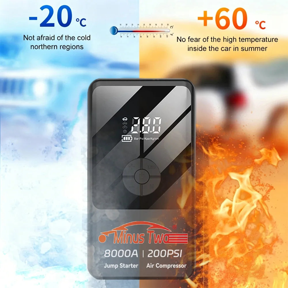 Smart Digital Display Jump Starter & Air Pump Combo Portable Electric Tire Inflator Emergency Car Booster with 12V Starter.