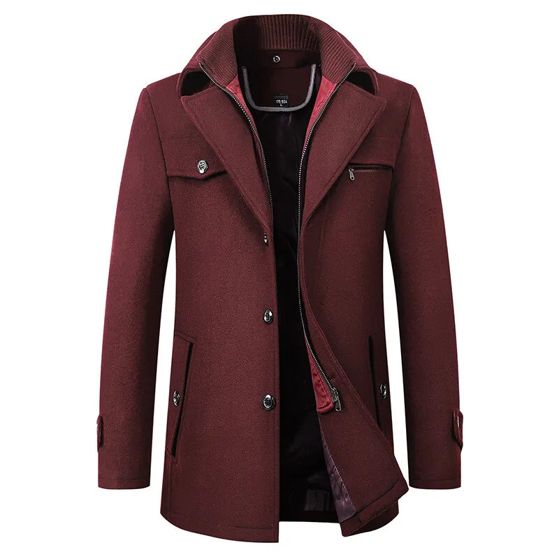 2026 High Quality Men's Wool Coat Medium Length Double Collar Winter Plus Cotton Thickened Wool Coat