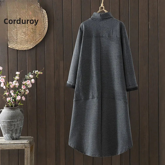 Retro Artistic High Collar Long Sleeve Midi Dress Loose Fit Autumn Winter plus Size Color Commute Style Korean Fashion