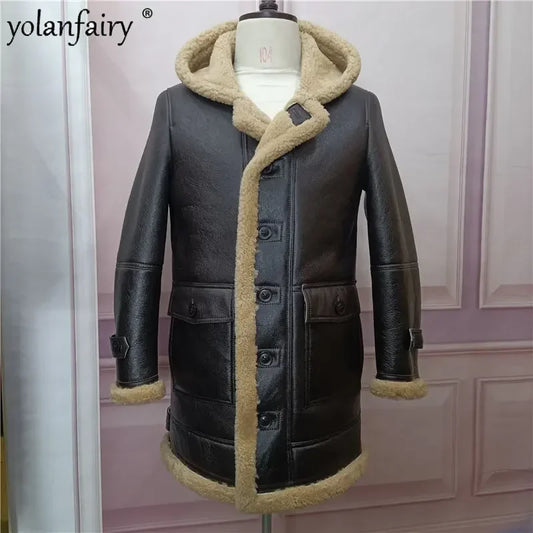 YOLANFAIRY Original Natural Leather Fur Coat Men Long Hooded Sheepskin Real Fur Coat Genuine Leather Jacket Men's Winter Jacket