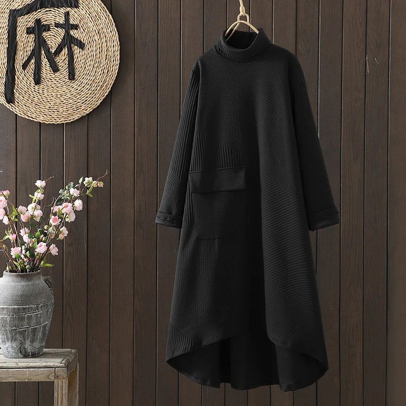 Retro Artistic High Collar Long Sleeve Midi Dress Loose Fit Autumn Winter plus Size Color Commute Style Korean Fashion