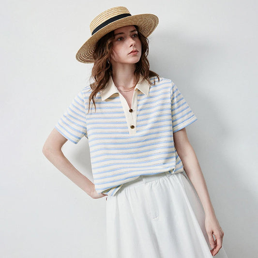TOYOUTH Women's T-Shirt 2026 Summer New Hollow Stripe Color Block Polo Collar Nautical Top, Loose Fit Vintage Tee